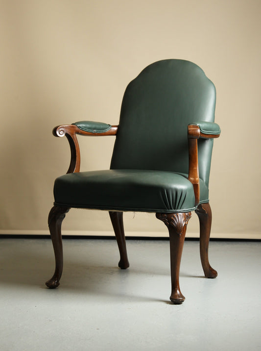 Georgian style green leather open arm chair