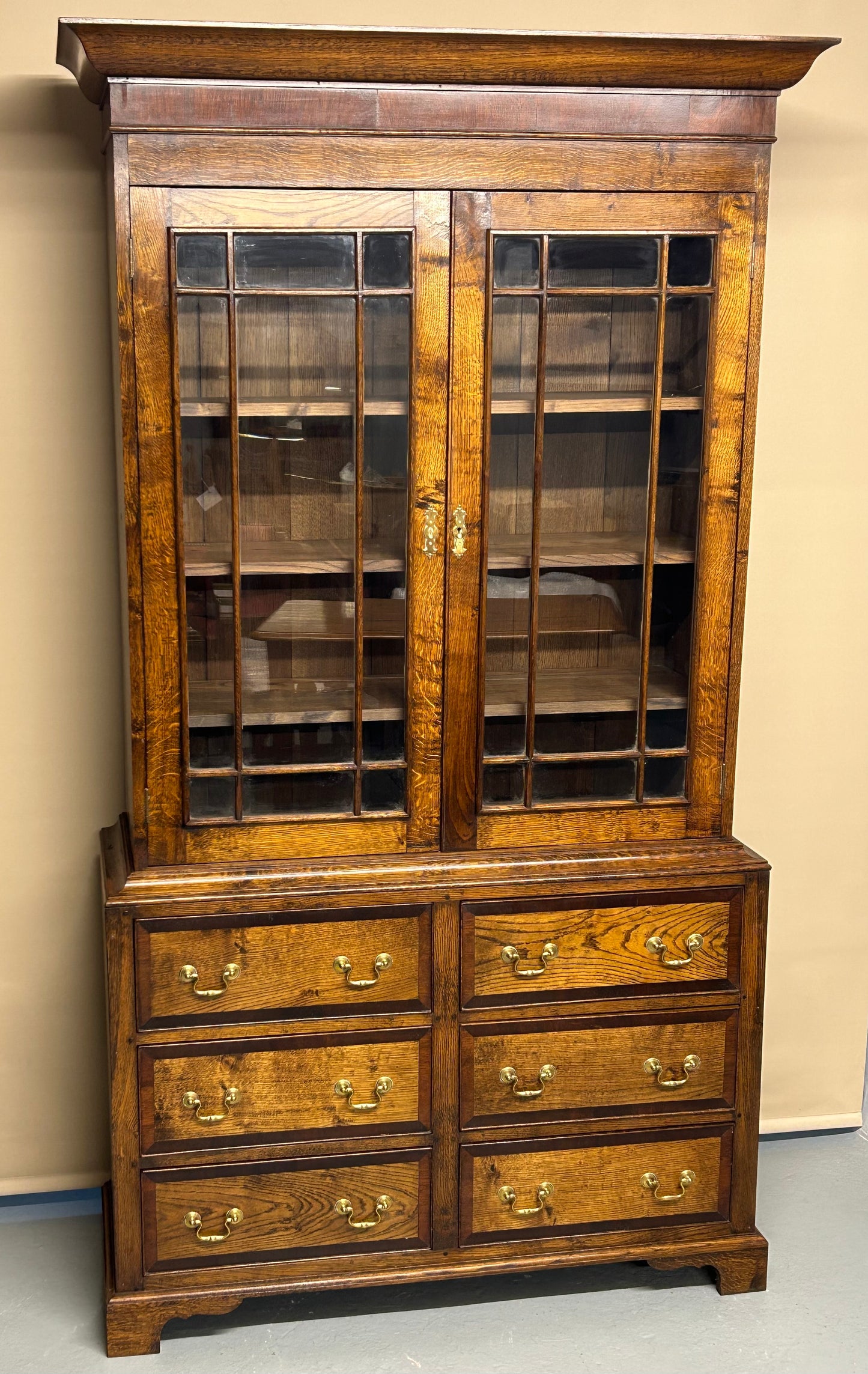 Oak Georgian reproduction bookcase on chest